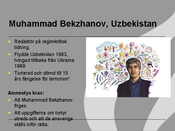 Muhammad Bekzhanov, Uzbekistan Redaktör på regimkritisk tidning. Flydde Uzbekistan 1993, tvingad tillbaka från Ukraina