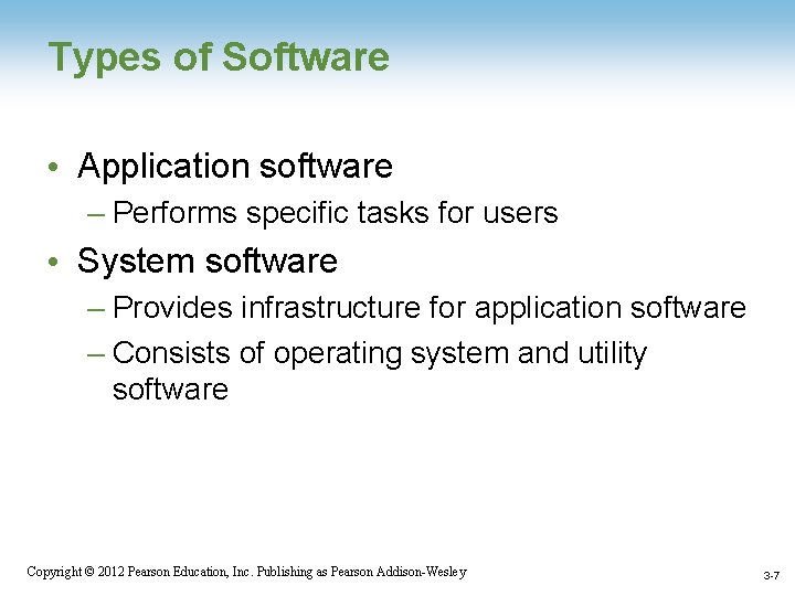 Types of Software • Application software – Performs specific tasks for users • System