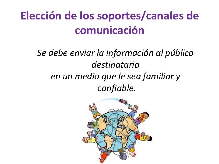 Elección de los soportes/canales de comunicación Se debe enviar la información al público destinatario