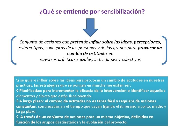 ¿Qué se entiende por sensibilización? Conjunto de acciones que pretende influir sobre las ideas,