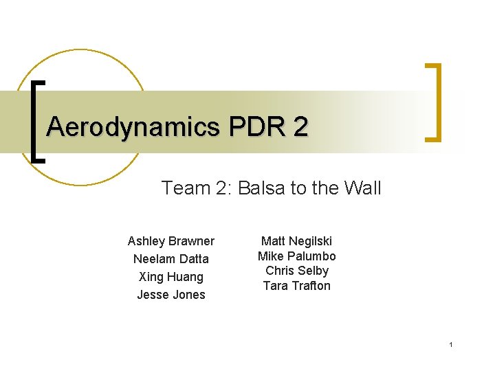 Aerodynamics PDR 2 Team 2: Balsa to the Wall Ashley Brawner Neelam Datta Xing