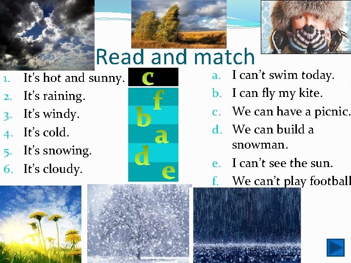 1. 2. 3. 4. 5. 6. Read and match It’s hot and sunny. It’s