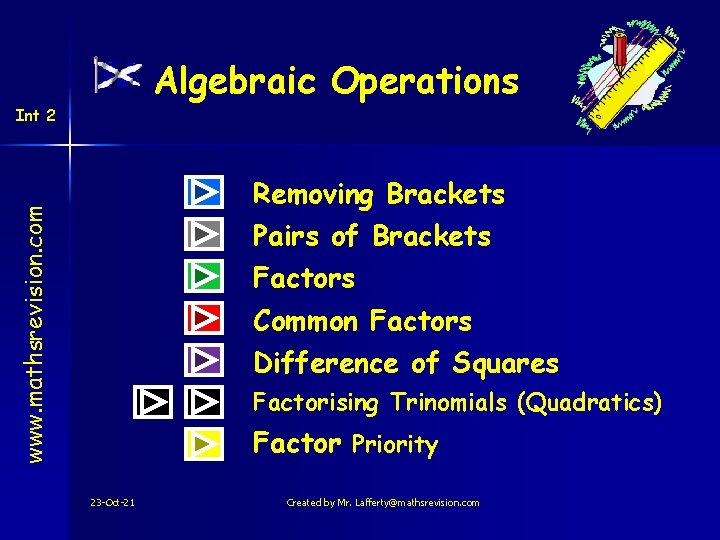 Algebraic Operations Int 2 www. mathsrevision. com Removing Brackets Pairs of Brackets Factors Common