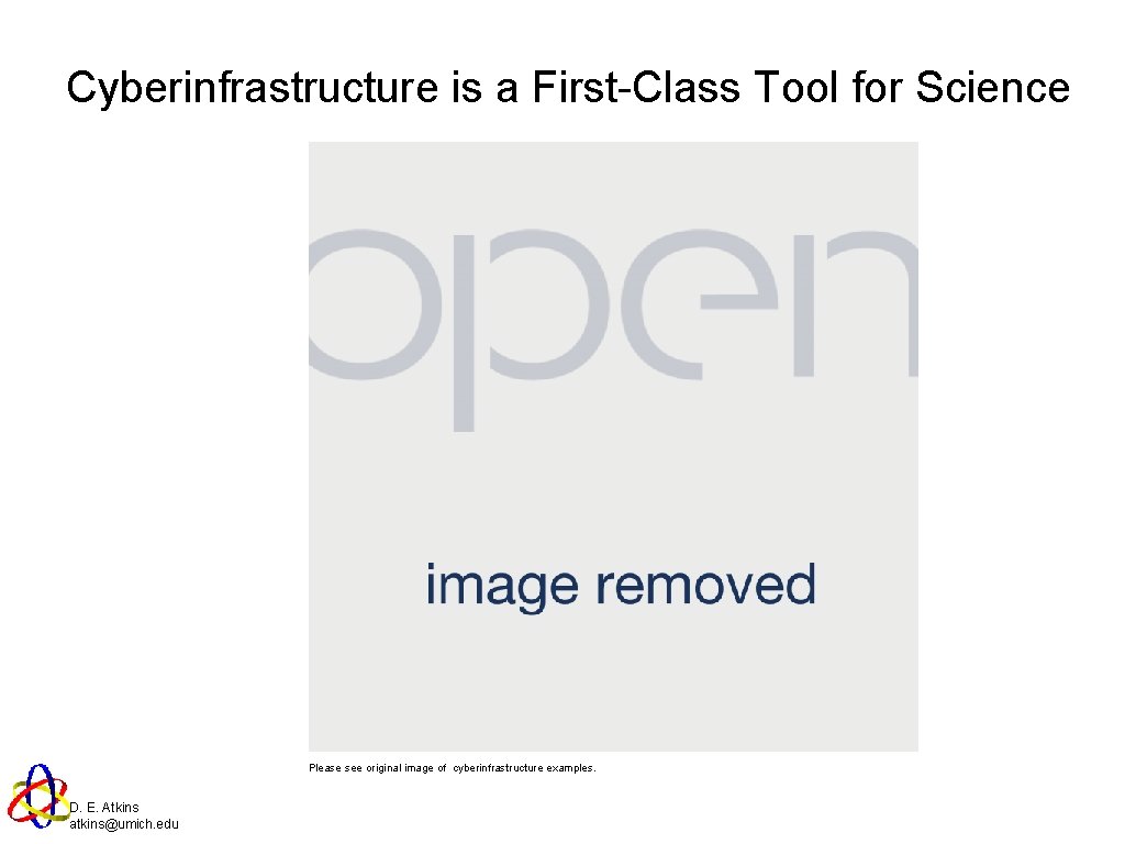 Cyberinfrastructure is a First-Class Tool for Science Please see original image of cyberinfrastructure examples.