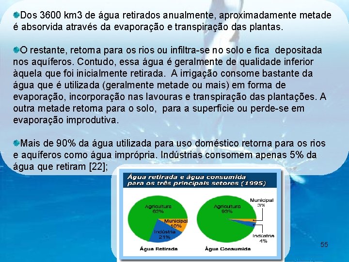 Dos 3600 km 3 de água retirados anualmente, aproximadamente metade é absorvida através da