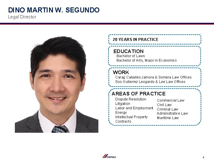 DINO MARTIN W. SEGUNDO Legal Director 20 YEARS IN PRACTICE EDUCATION Bachelor of Laws