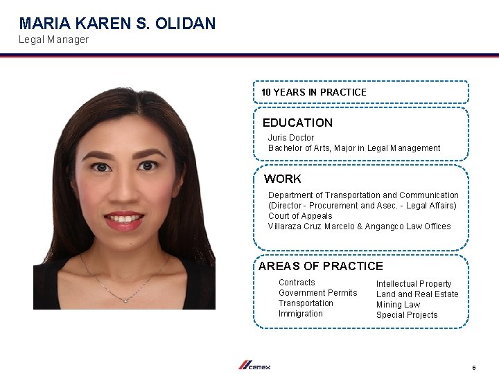 MARIA KAREN S. OLIDAN Legal Manager 10 YEARS IN PRACTICE EDUCATION Juris Doctor Bachelor