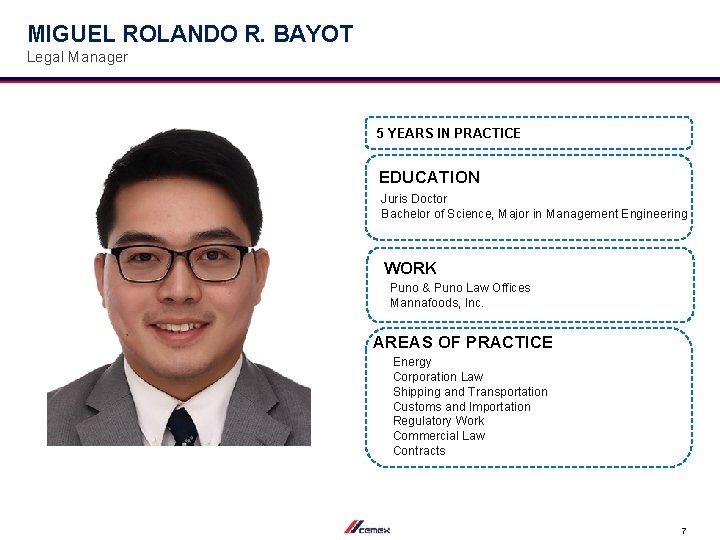 MIGUEL ROLANDO R. BAYOT Legal Manager 5 YEARS IN PRACTICE EDUCATION Juris Doctor Bachelor