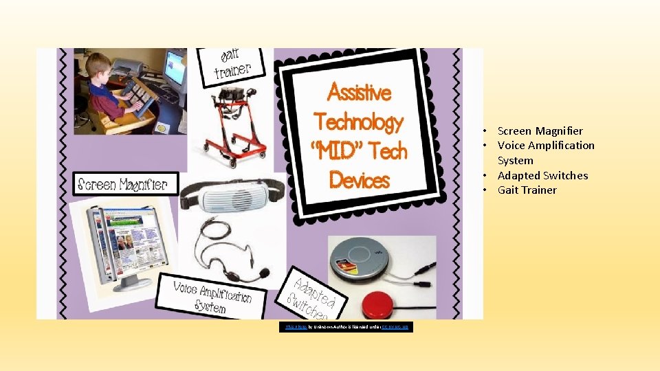  • Screen Magnifier • Voice Amplification System • Adapted Switches • Gait Trainer