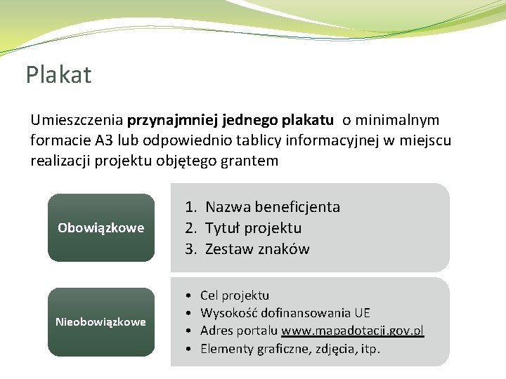 Plakat Umieszczenia przynajmniej jednego plakatu o minimalnym formacie A 3 lub odpowiednio tablicy informacyjnej