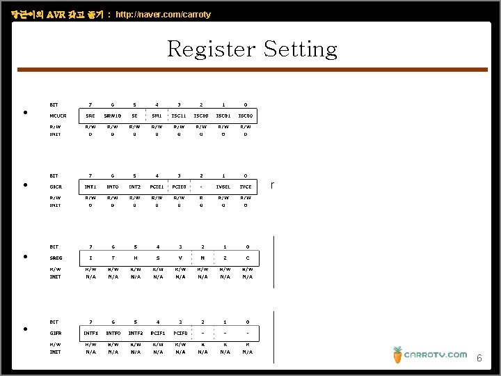 당근이의 AVR 갖고 놀기 : http: //naver. com/carroty Register Setting • MCUCR : MCU