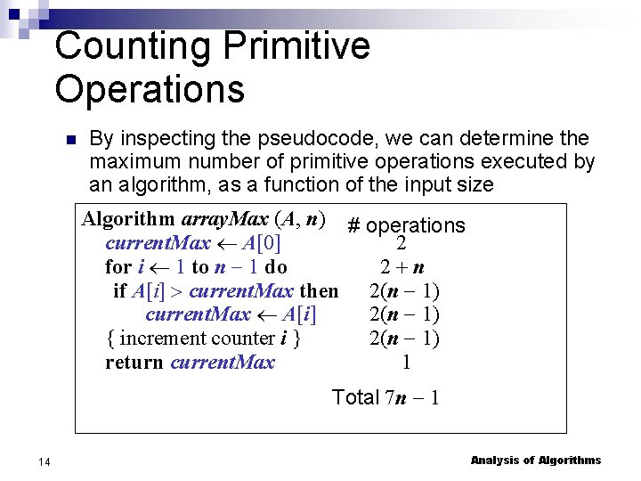 Counting Primitive Operations By inspecting the pseudocode, we can determine the maximum number of