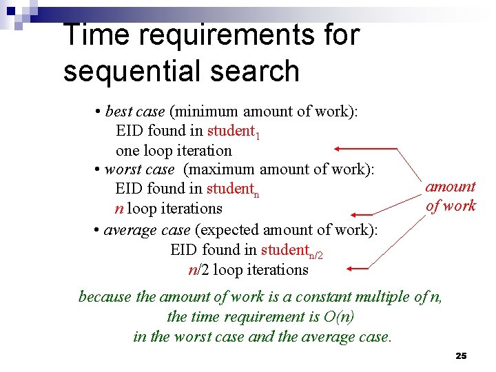 Time requirements for sequential search • best case (minimum amount of work): EID found