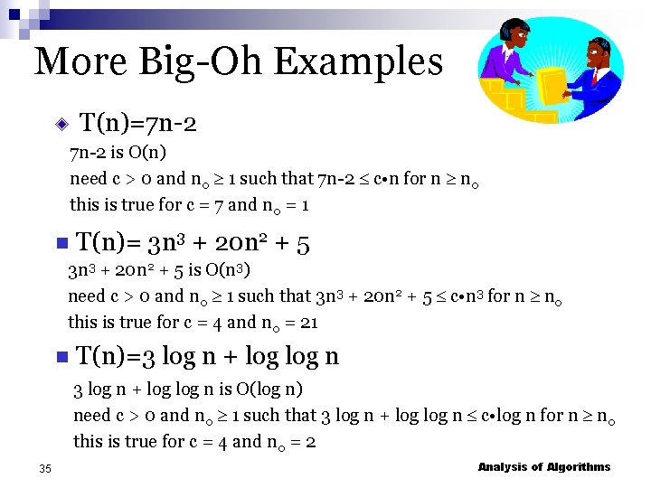 More Big-Oh Examples T(n)=7 n-2 is O(n) need c > 0 and n 0
