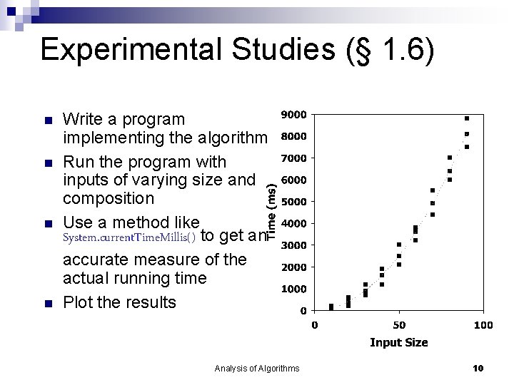 Experimental Studies (§ 1. 6) Write a program implementing the algorithm Run the program