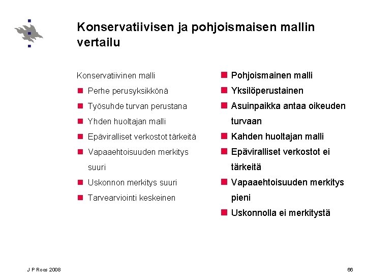 Konservatiivisen ja pohjoismaisen mallin vertailu Konservatiivinen malli n Perhe perusyksikkönä n Työsuhde turvan perustana