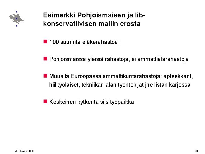 Esimerkki Pohjoismaisen ja libkonservatiivisen mallin erosta n 100 suurinta eläkerahastoa! n Pohjoismaissa yleisiä rahastoja,