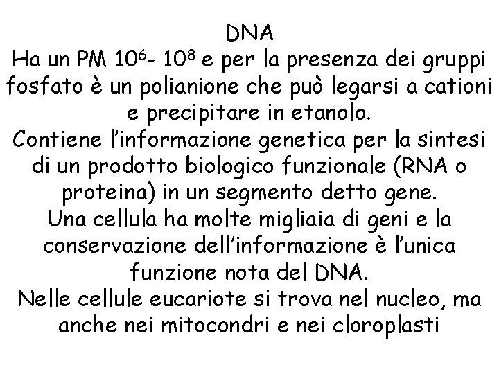 DNA Ha un PM 106 - 108 e per la presenza dei gruppi fosfato