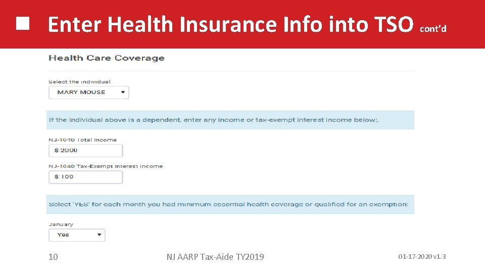 Enter Health Insurance Info into TSO cont’d 10 NJ AARP Tax-Aide TY 2019 01