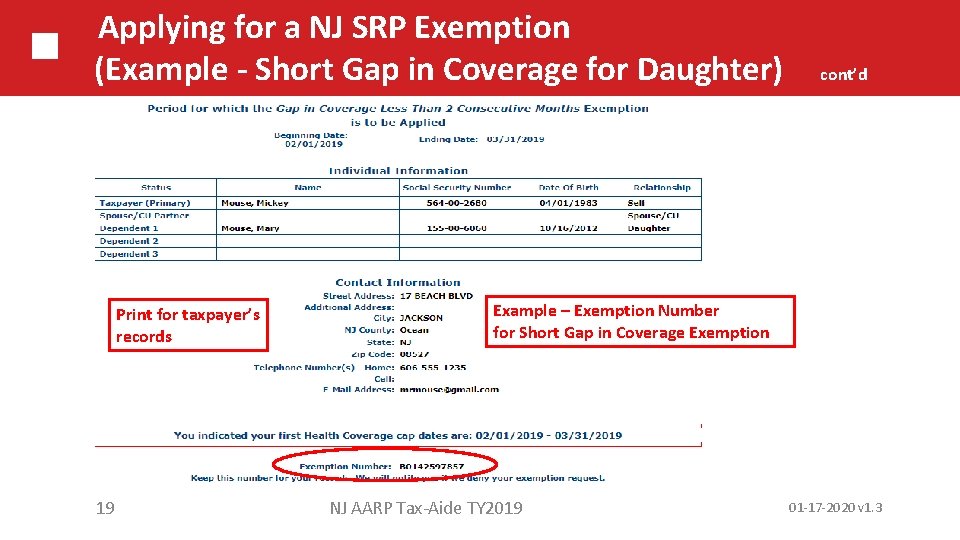 Applying for a NJ SRP Exemption (Example - Short Gap in Coverage for Daughter)