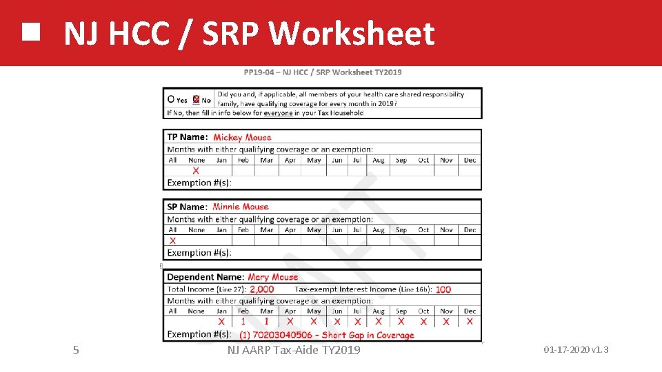NJ HCC / SRP Worksheet 5 NJ AARP Tax-Aide TY 2019 01 -17 -2020