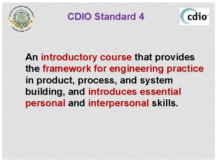 CDIO Standard 4 An introductory course that provides the framework for engineering practice in