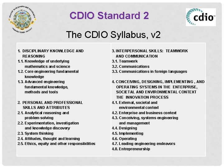 CDIO Standard 2 The CDIO Syllabus, v 2 1. DISCIPLINARY KNOWLEDGE AND REASONING 1.