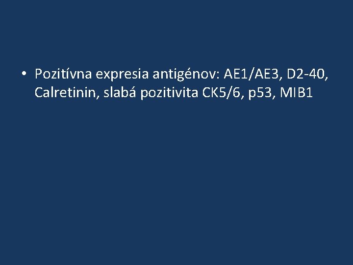  • Pozitívna expresia antigénov: AE 1/AE 3, D 2 -40, Calretinin, slabá pozitivita