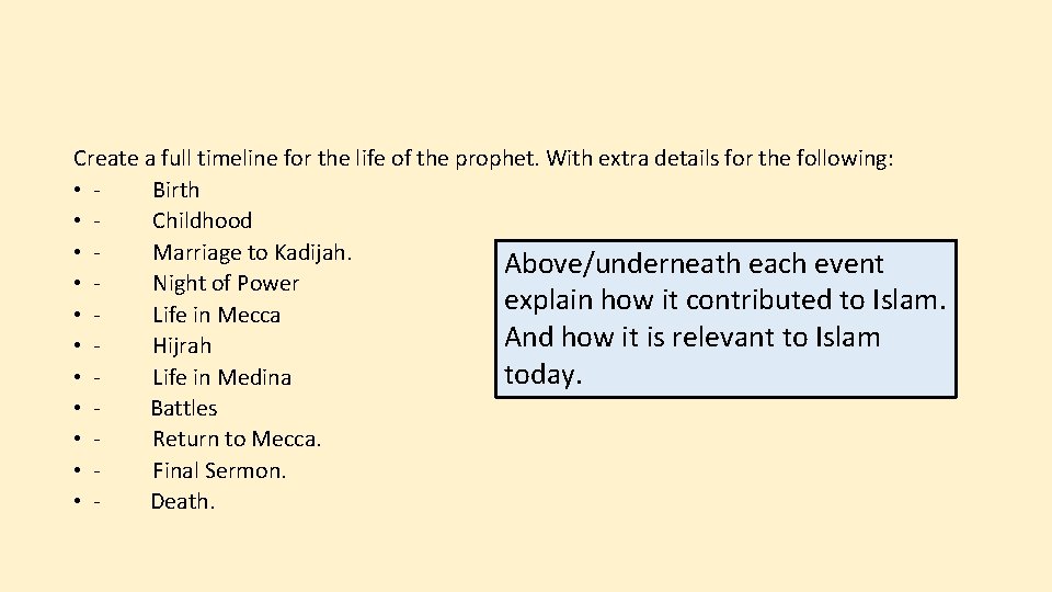 Create a full timeline for the life of the prophet. With extra details for
