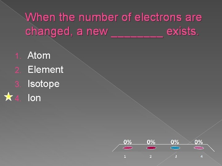 When the number of electrons are changed, a new ____ exists. Atom 2. Element