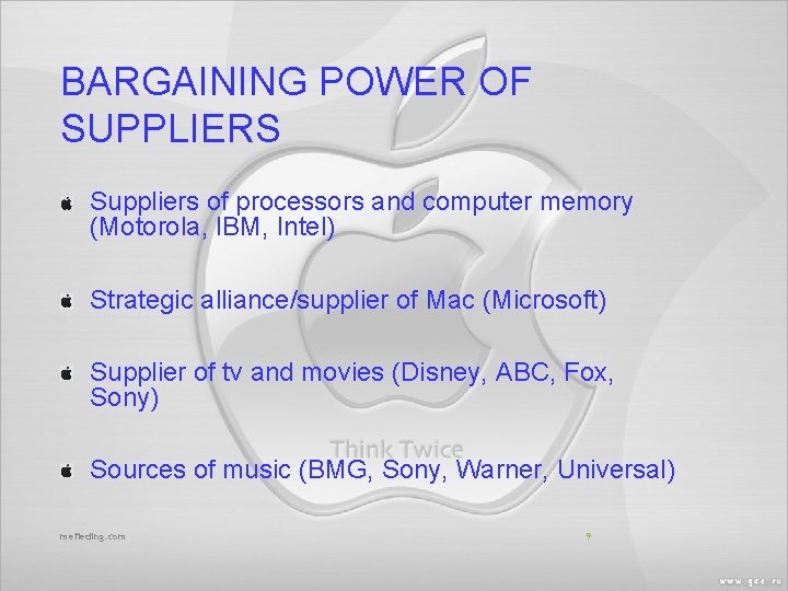 BARGAINING POWER OF SUPPLIERS Suppliers of processors and computer memory (Motorola, IBM, Intel) Strategic