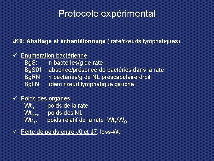 Protocole expérimental J 10: Abattage et échantillonnage ( rate/nœuds lymphatiques) ü Enumération bactérienne Bg.