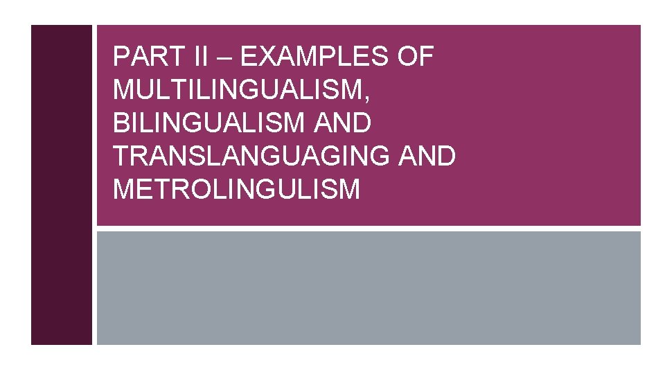 PART II – EXAMPLES OF MULTILINGUALISM, BILINGUALISM AND TRANSLANGUAGING AND METROLINGULISM 