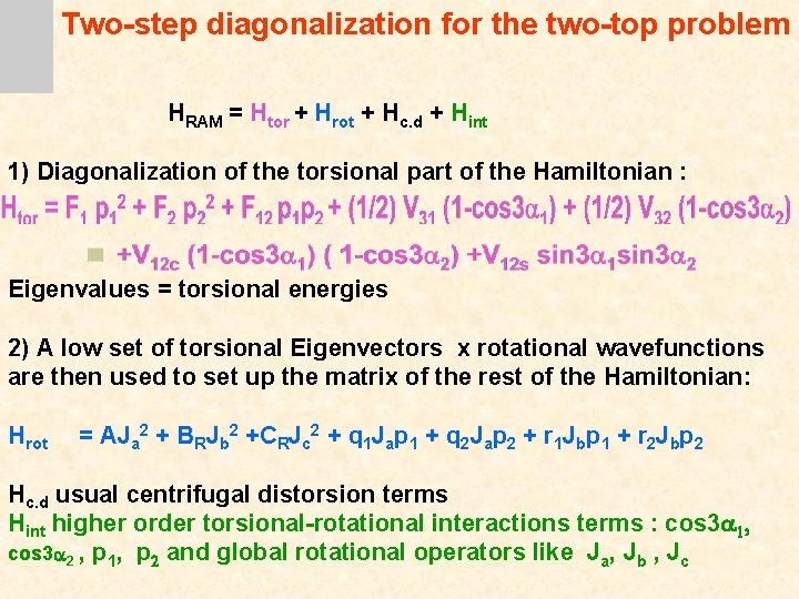 Two-step diagonalization for the two-top problem HRAM = Htor + Hrot + Hc. d