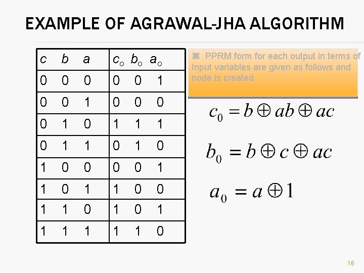 EXAMPLE OF AGRAWAL-JHA ALGORITHM c b a co bo ao 0 0 0 1