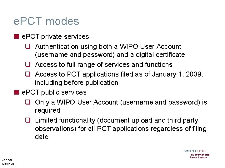 e. PCT modes ■ e. PCT private services ■ e. PCT-3 March 2014 q