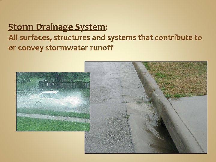 Storm Drainage System: All surfaces, structures and systems that contribute to or convey stormwater