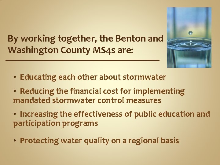 By working together, the Benton and Washington County MS 4 s are: • Educating