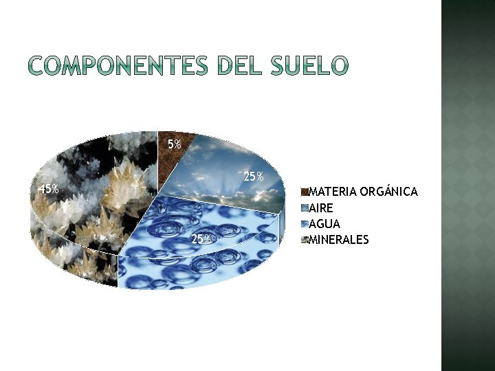 5% 25% 45% 25% MATERIA ORGÁNICA AIRE AGUA MINERALES 