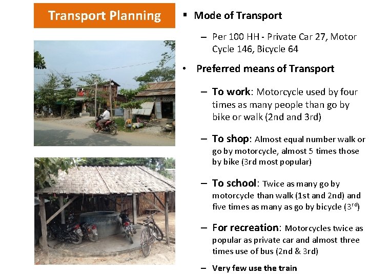 Transport Planning § Mode of Transport – Per 100 HH - Private Car 27,