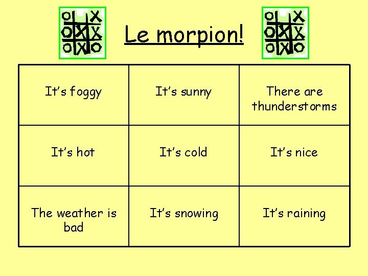 Le morpion! It’s foggy It’s sunny There are thunderstorms It’s hot It’s cold It’s