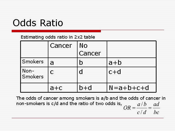 Odds Ratio Estimating odds ratio in 2 x 2 table Cancer Smokers Non. Smokers