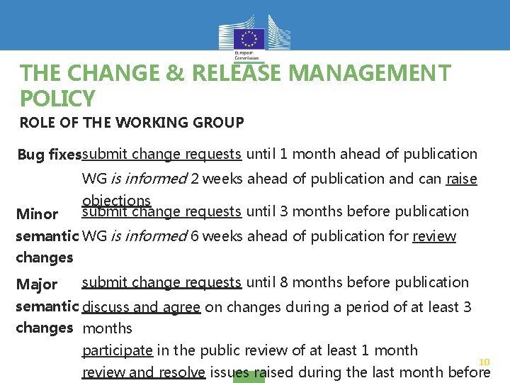 THE CHANGE & RELEASE MANAGEMENT POLICY ROLE OF THE WORKING GROUP Bug fixessubmit change