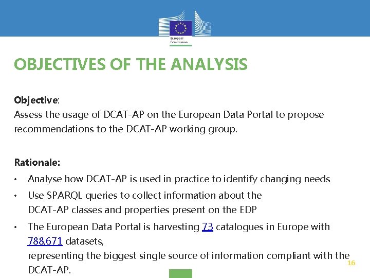 OBJECTIVES OF THE ANALYSIS Objective: Assess the usage of DCAT-AP on the European Data