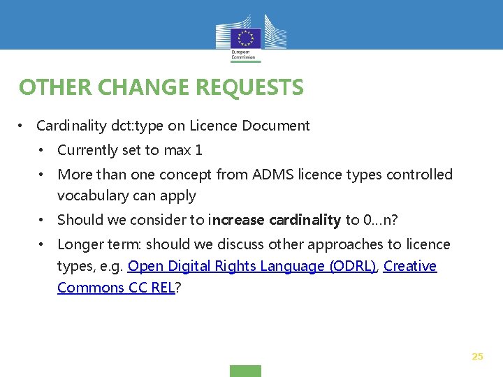 OTHER CHANGE REQUESTS • Cardinality dct: type on Licence Document • Currently set to