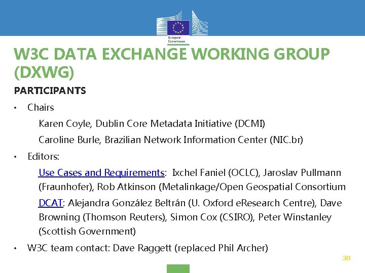 W 3 C DATA EXCHANGE WORKING GROUP (DXWG) PARTICIPANTS • Chairs Karen Coyle, Dublin