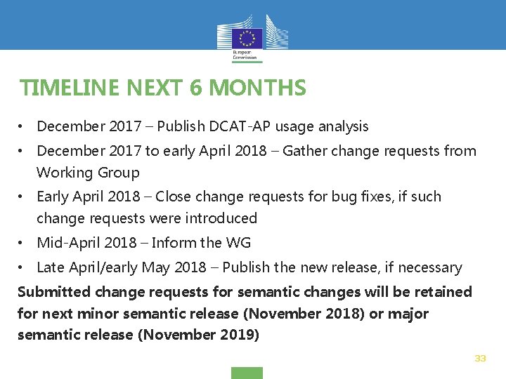 TIMELINE NEXT 6 MONTHS • December 2017 – Publish DCAT-AP usage analysis • December