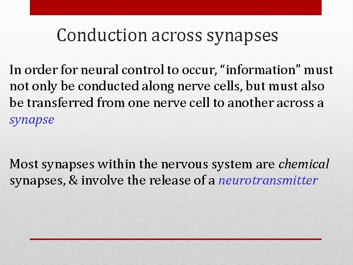 Conduction across synapses In order for neural control to occur, “information” must not only