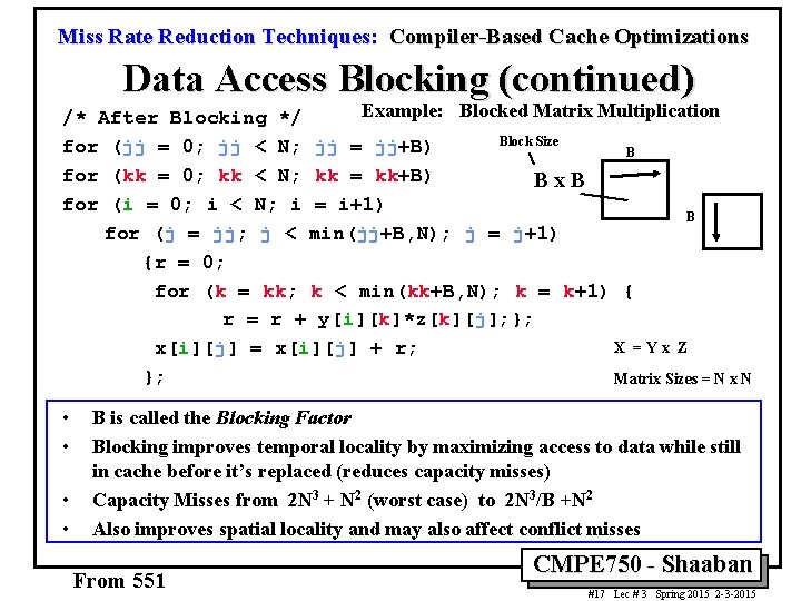 Miss Rate Reduction Techniques: Compiler-Based Cache Optimizations Data Access Blocking (continued) Example: Blocked Matrix