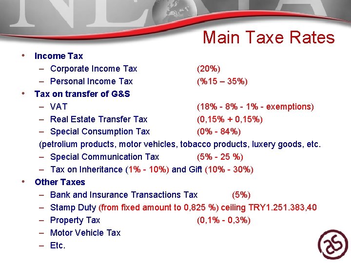 Main Taxe Rates • Income Tax • • – Corporate Income Tax (20%) –